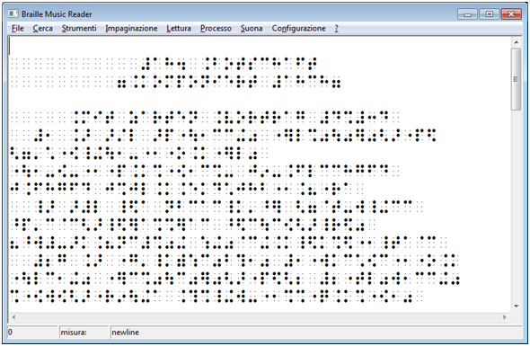 Screenshot van braillebladmuziek in het programma Braille Music Reader